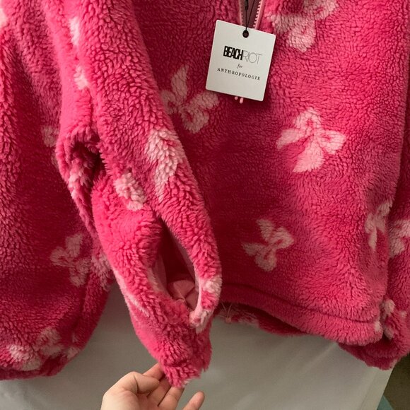 BEACH RIOT Leona Slopes Pink Bows Sherpa Quarter-Zip Pullover Sz MEDIUM - Picture 7 of 8